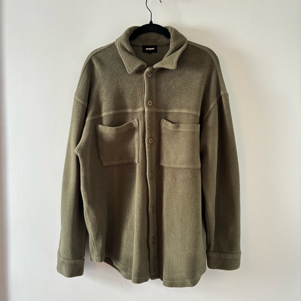 Monrow Men’s Teddy Fleece Shacket Shirt Jacket Slouchy Collar Large Pockets